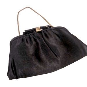 VINTAGE ANDE BLACK SATIN CLUTCH WITH CHAIN HANDLE GOLD TONE HARDWARE